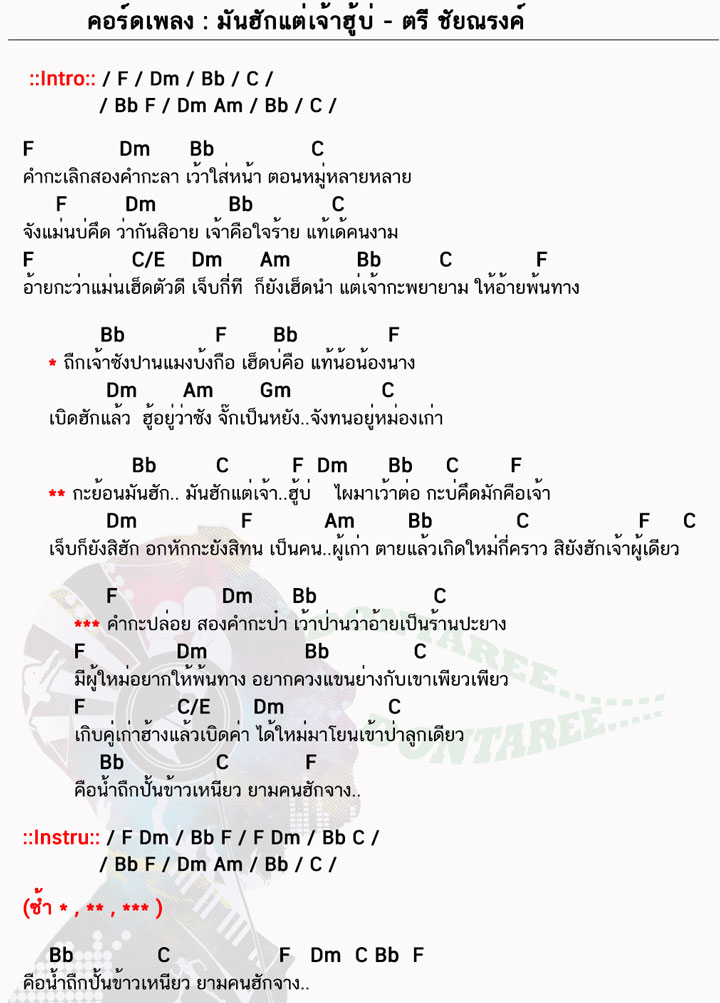 คอร์ดเพลง มันฮักแต่เจ้าฮู้บ่ ง่ายๆ