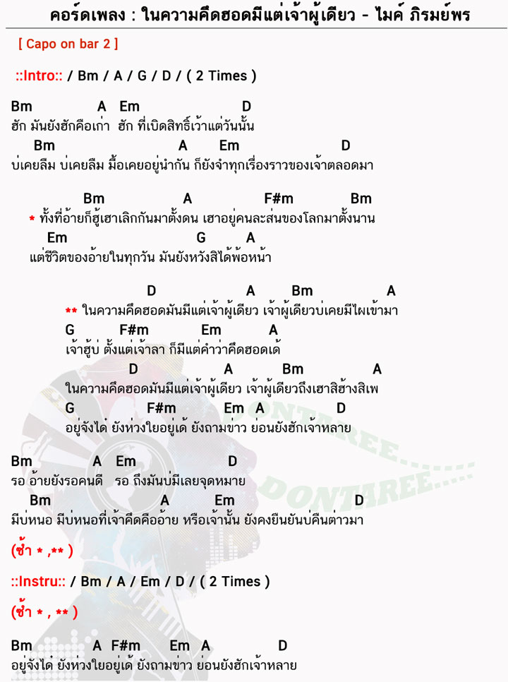 คอร์ดเพลง ในความคึดฮอดมีแต่เจ้าผู้เดียว ง่ายๆ