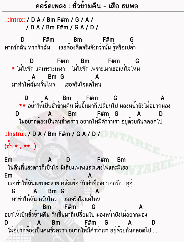 คอร์ดเพลง ชั่วข้ามคืน ง่ายๆ